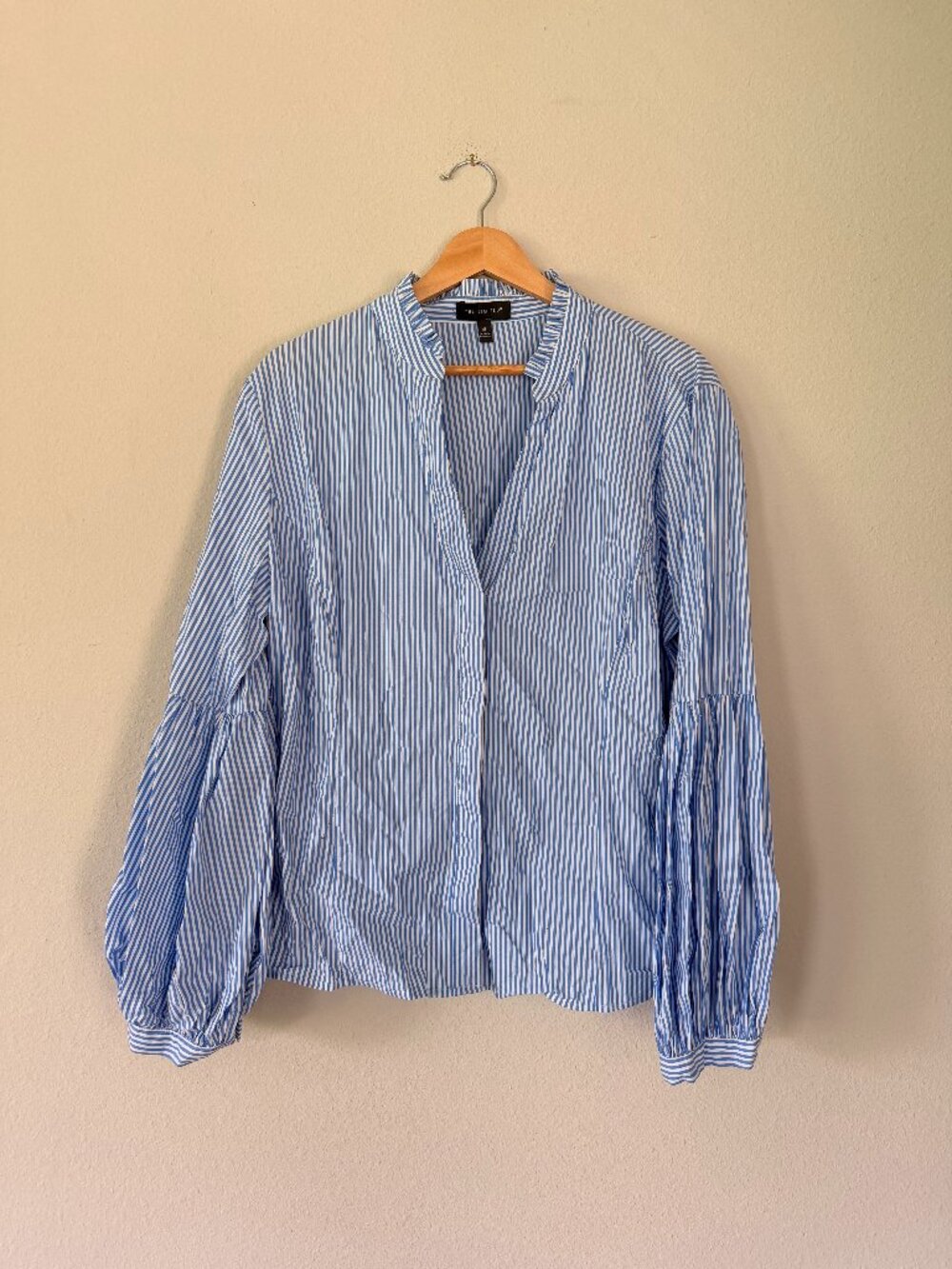 The Limited Blue Pinstripe Ruffle Neck, Balloon Sleeve Top XL